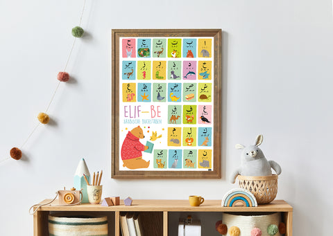 Elif-Be Arabische Buchstaben Poster (Almanca Hayvan isimleri eşleştirmeli)